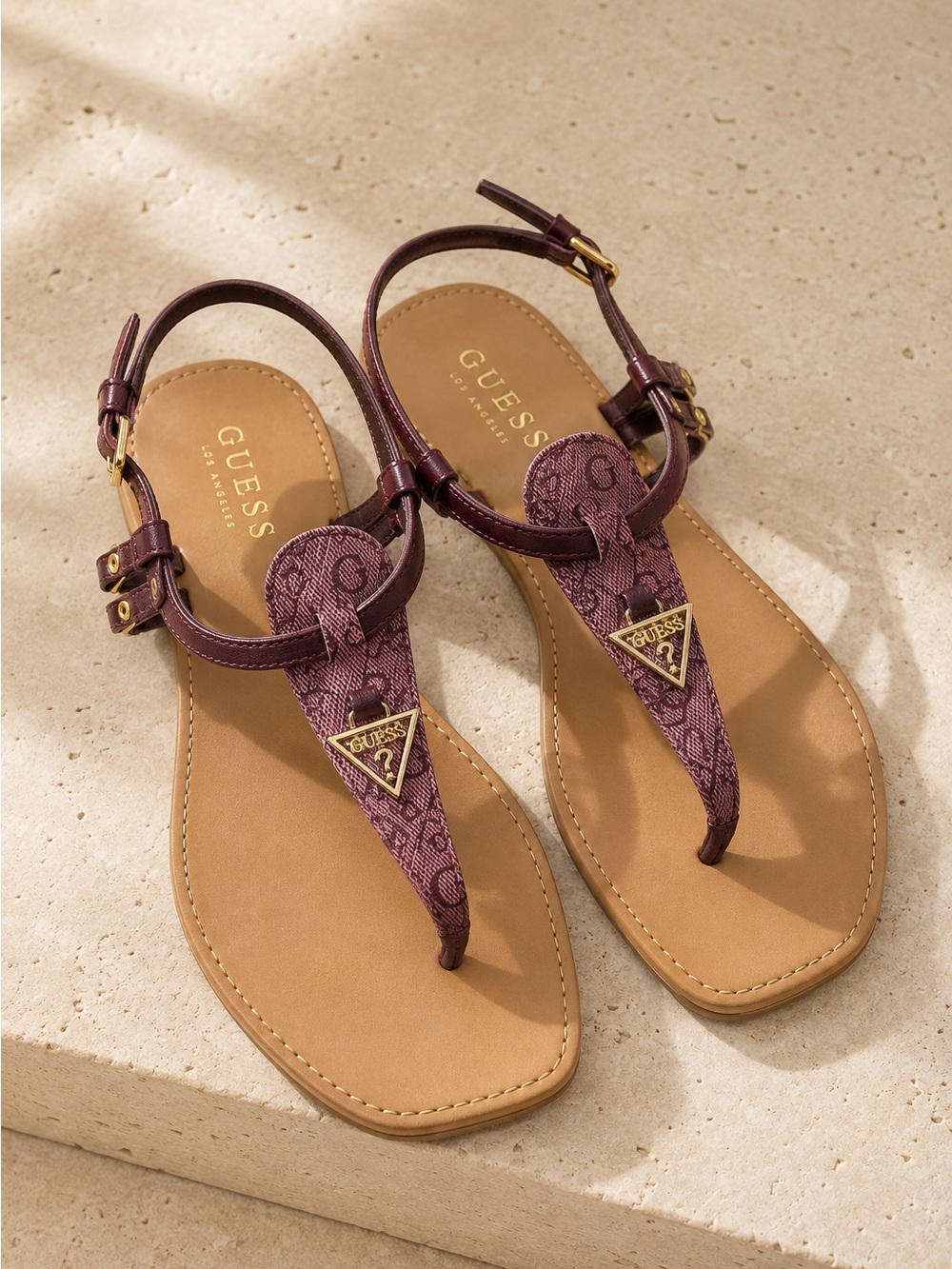 Guess Purple Logo Thong Sandals with Gold Triangle Accent